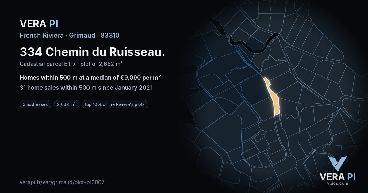 334 Chemin du Ruisseau, Grimaud at night – the plot lit, the parcels around coloured by the prices near them