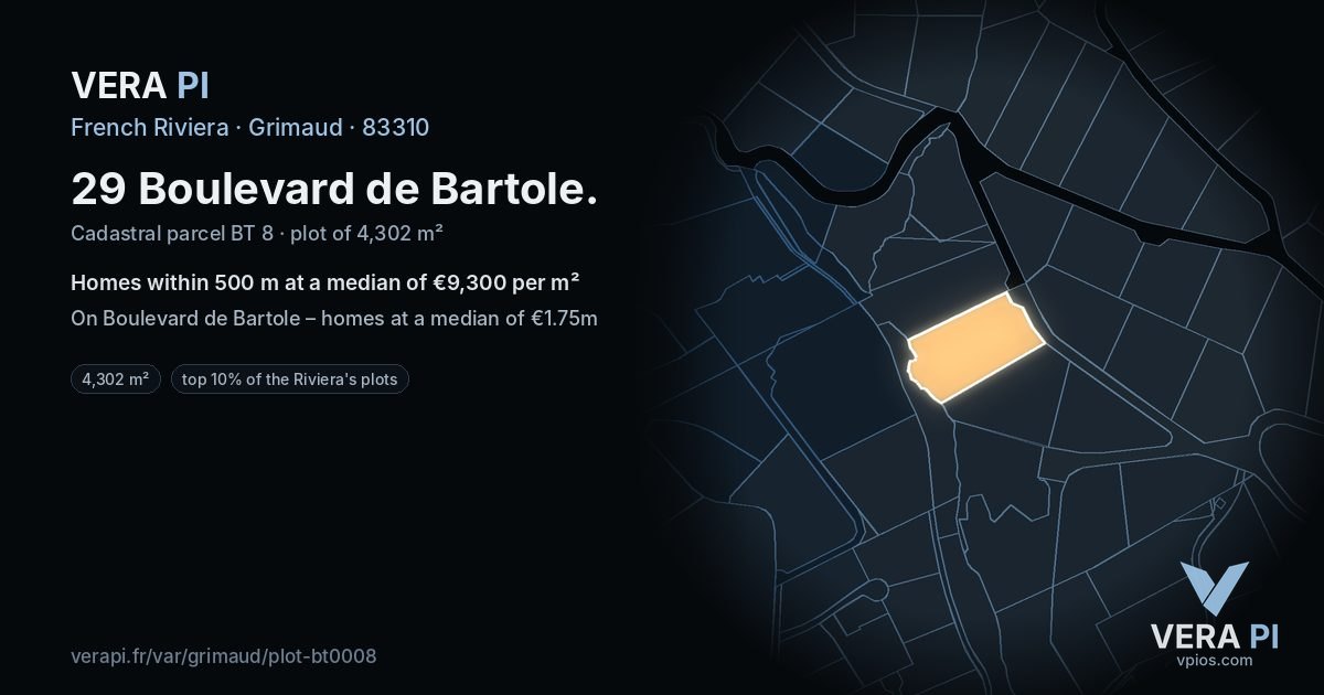 29 Boulevard de Bartole, Grimaud at night – the plot lit, the parcels around coloured by the prices near them