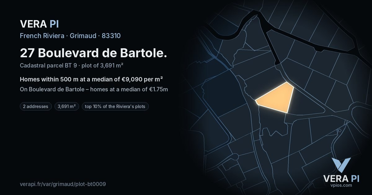 27 Boulevard de Bartole, Grimaud at night – the plot lit, the parcels around coloured by the prices near them