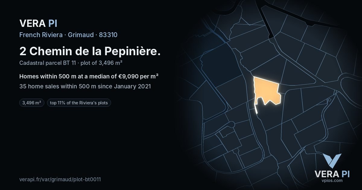 2 Chemin de la Pepinière, Grimaud at night – the plot lit, the parcels around coloured by the prices near them