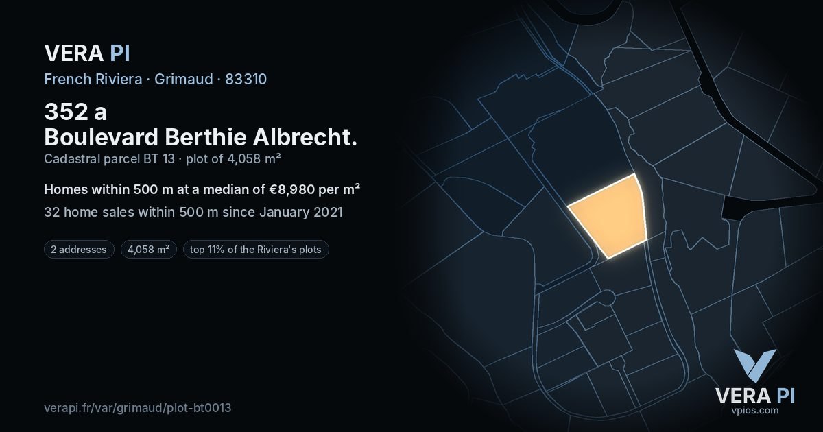 352 a Boulevard Berthie Albrecht, Grimaud at night – the plot lit, the parcels around coloured by the prices near them