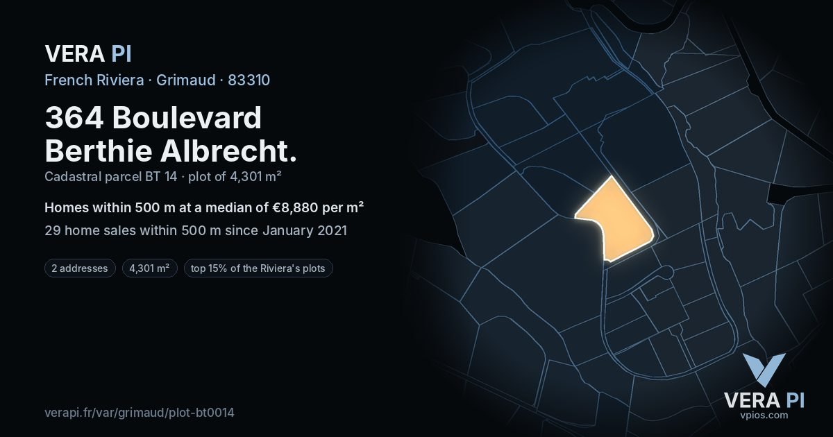 364 Boulevard Berthie Albrecht, Grimaud at night – the plot lit, the parcels around coloured by the prices near them