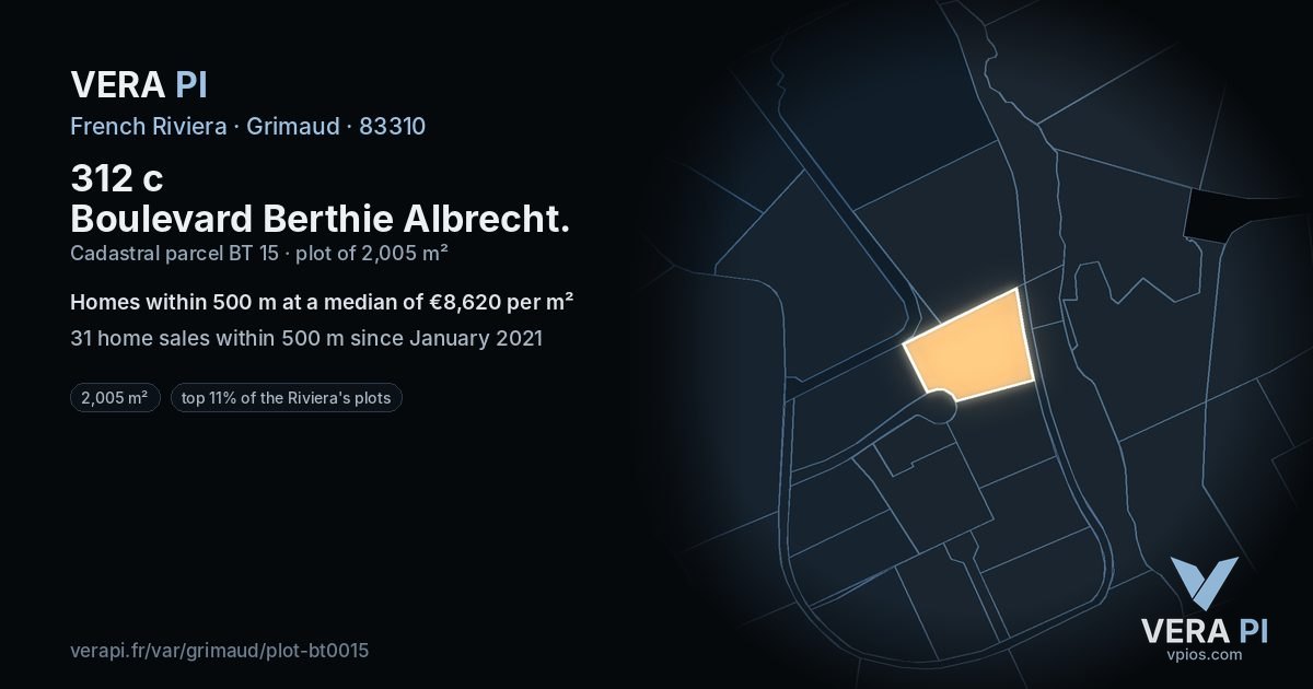 312 c Boulevard Berthie Albrecht, Grimaud at night – the plot lit, the parcels around coloured by the prices near them