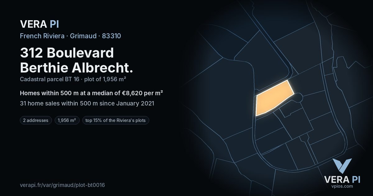 312 Boulevard Berthie Albrecht, Grimaud at night – the plot lit, the parcels around coloured by the prices near them