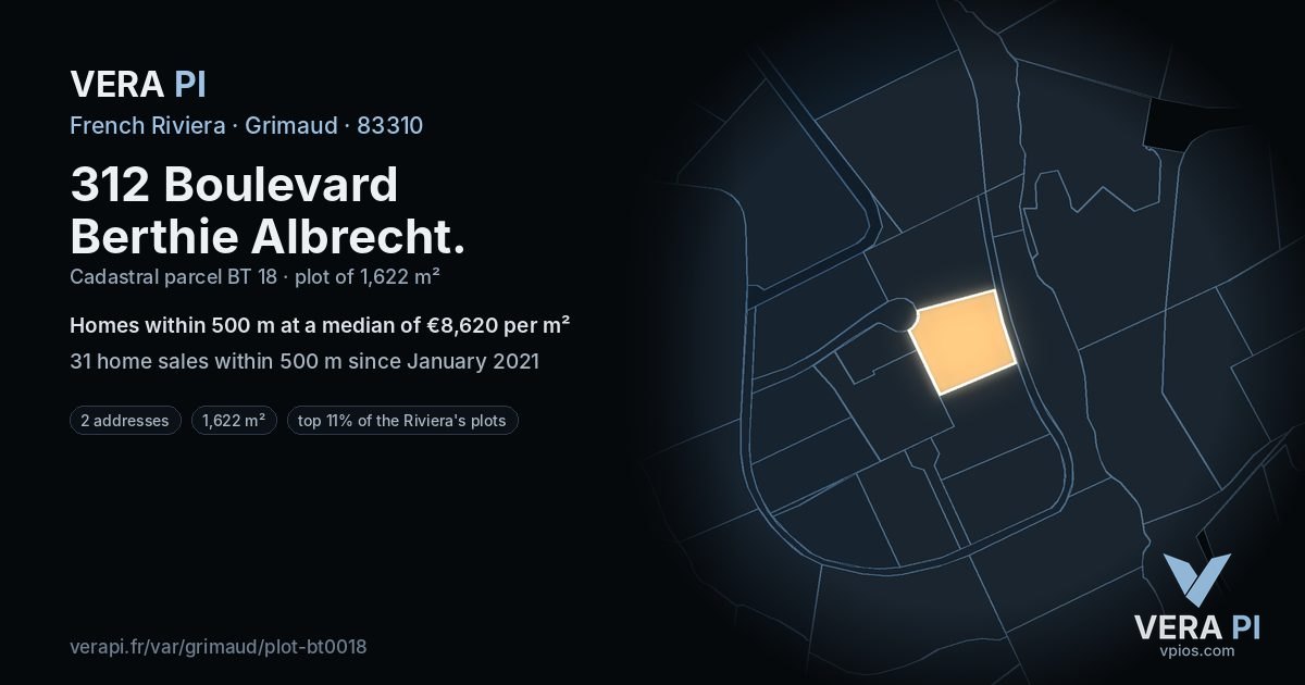 312 Boulevard Berthie Albrecht, Grimaud at night – the plot lit, the parcels around coloured by the prices near them