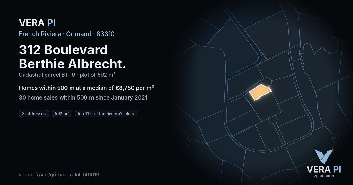 312 Boulevard Berthie Albrecht, Grimaud at night – the plot lit, the parcels around coloured by the prices near them