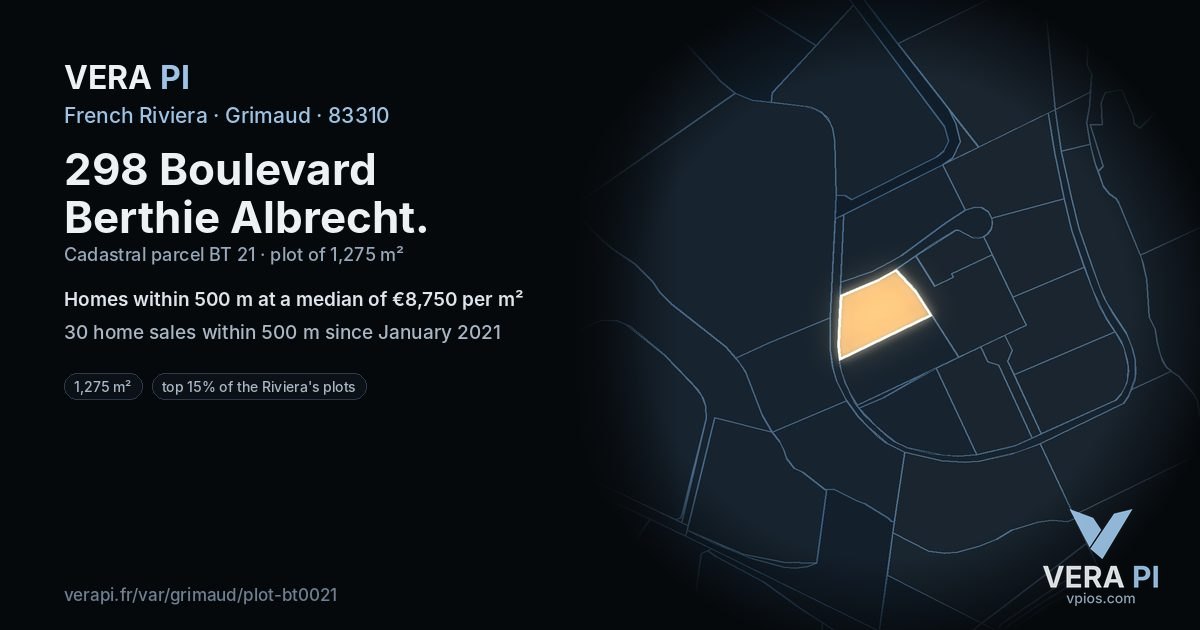 298 Boulevard Berthie Albrecht, Grimaud at night – the plot lit, the parcels around coloured by the prices near them