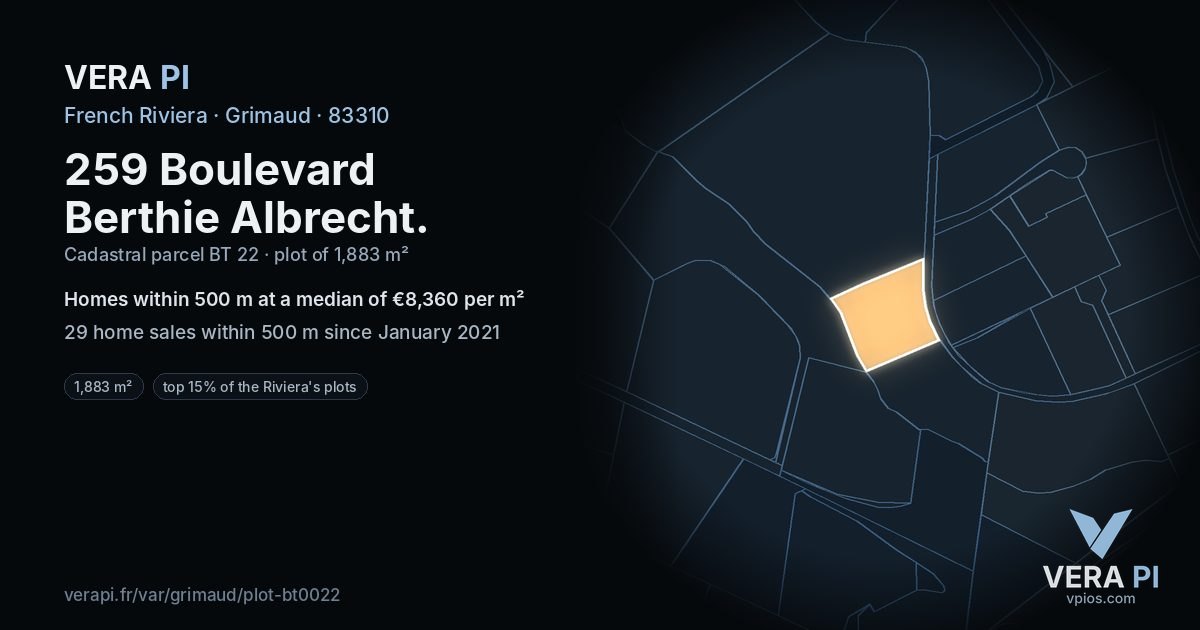 259 Boulevard Berthie Albrecht, Grimaud at night – the plot lit, the parcels around coloured by the prices near them