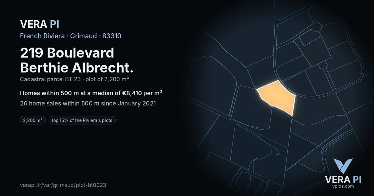 219 Boulevard Berthie Albrecht, Grimaud at night – the plot lit, the parcels around coloured by the prices near them
