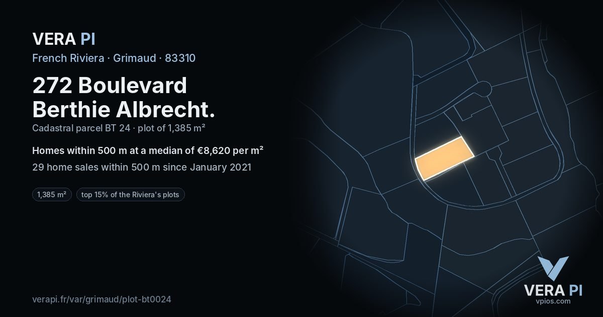 272 Boulevard Berthie Albrecht, Grimaud at night – the plot lit, the parcels around coloured by the prices near them