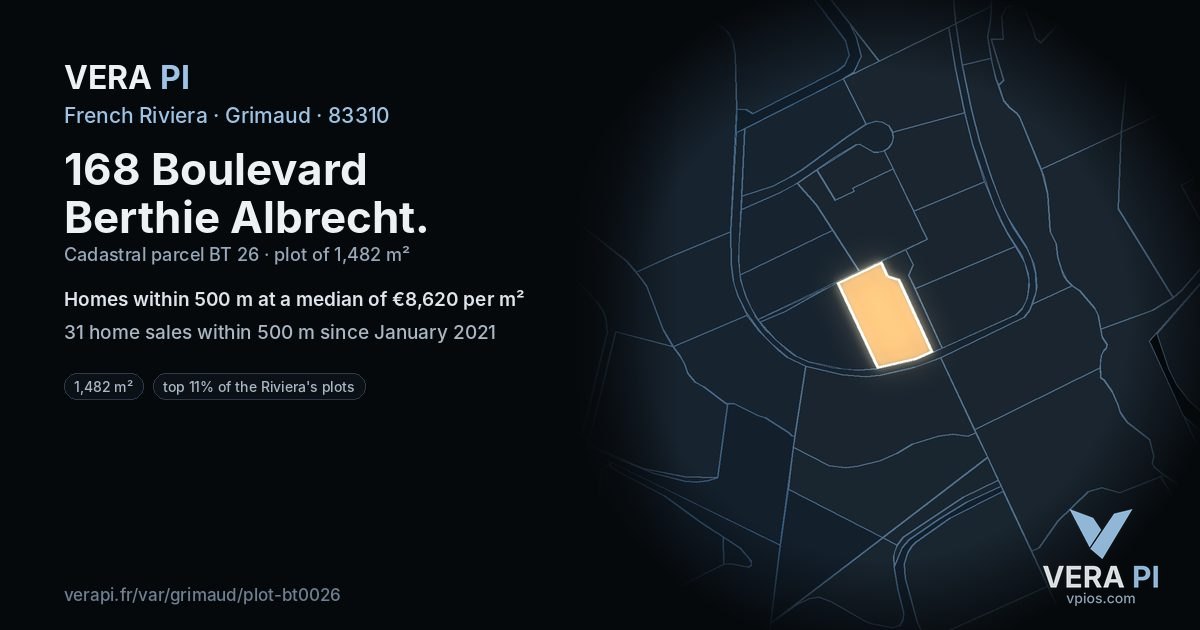 168 Boulevard Berthie Albrecht, Grimaud at night – the plot lit, the parcels around coloured by the prices near them