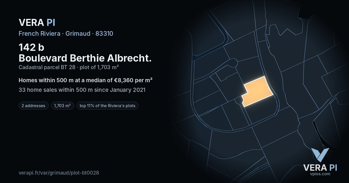 142 b Boulevard Berthie Albrecht, Grimaud at night – the plot lit, the parcels around coloured by the prices near them