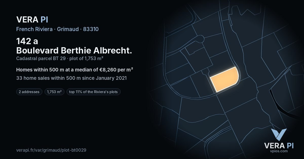 142 a Boulevard Berthie Albrecht, Grimaud at night – the plot lit, the parcels around coloured by the prices near them