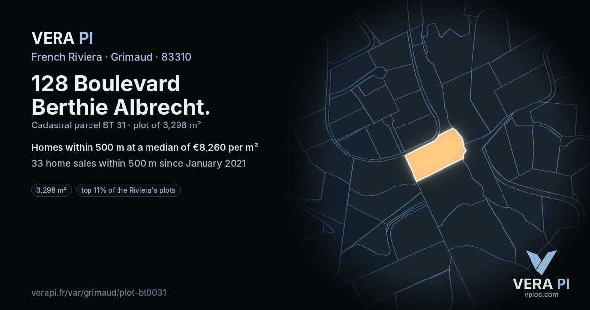 128 Boulevard Berthie Albrecht, Grimaud at night – the plot lit, the parcels around coloured by the prices near them
