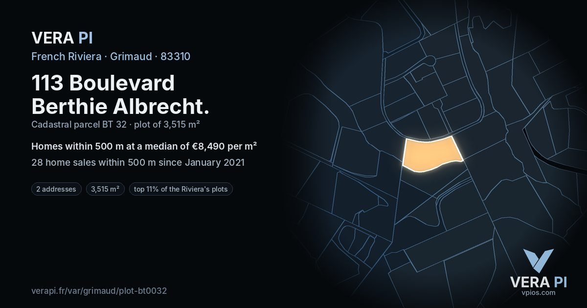 113 Boulevard Berthie Albrecht, Grimaud at night – the plot lit, the parcels around coloured by the prices near them