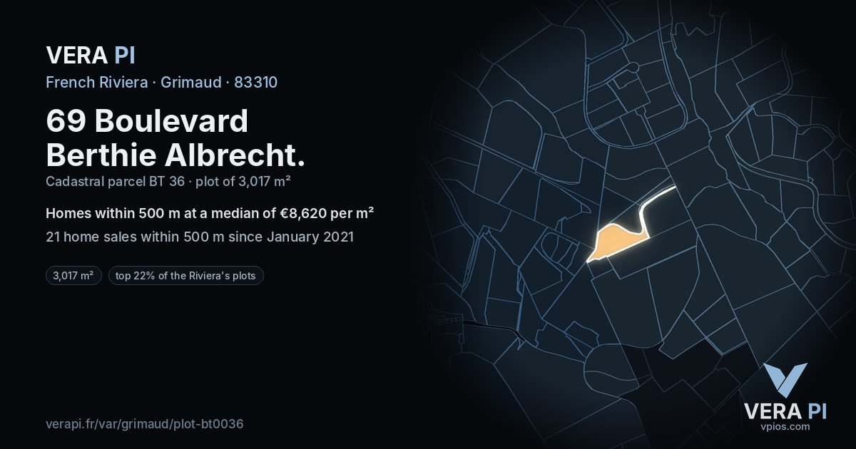 69 Boulevard Berthie Albrecht, Grimaud at night – the plot lit, the parcels around coloured by the prices near them