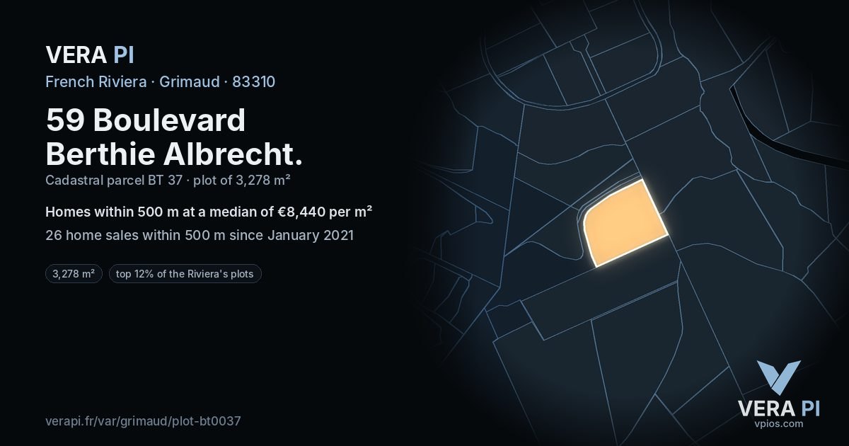 59 Boulevard Berthie Albrecht, Grimaud at night – the plot lit, the parcels around coloured by the prices near them
