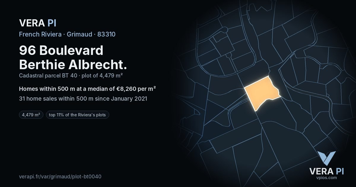 96 Boulevard Berthie Albrecht, Grimaud at night – the plot lit, the parcels around coloured by the prices near them