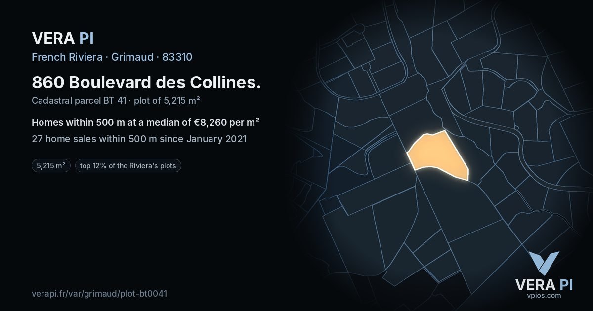 860 Boulevard des Collines, Grimaud at night – the plot lit, the parcels around coloured by the prices near them