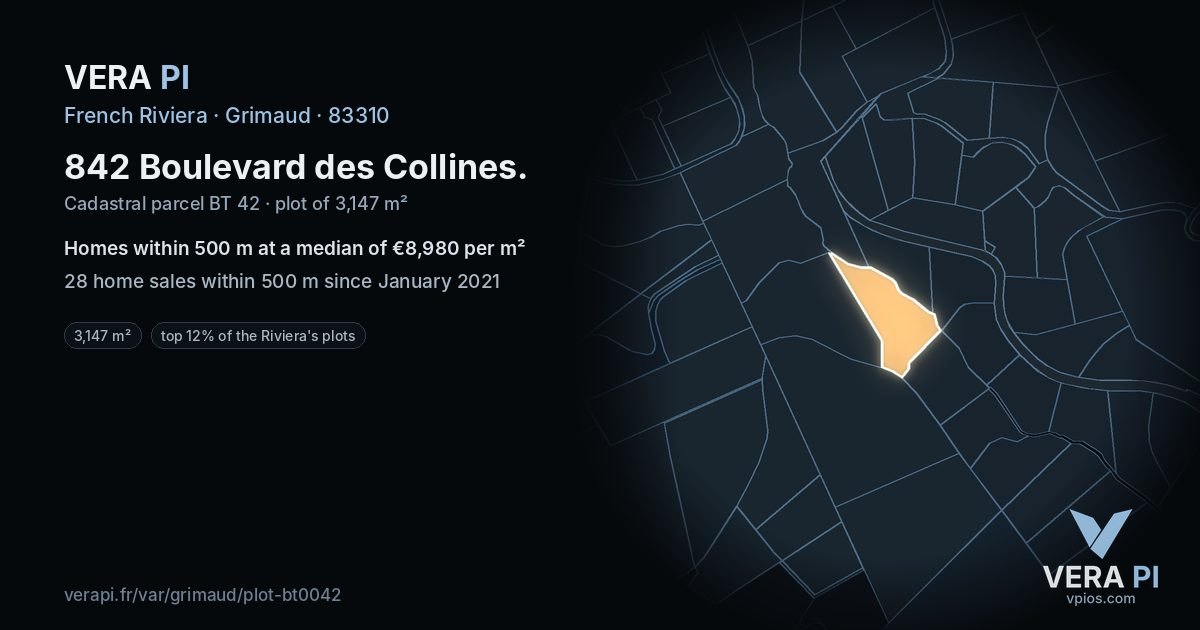 842 Boulevard des Collines, Grimaud at night – the plot lit, the parcels around coloured by the prices near them