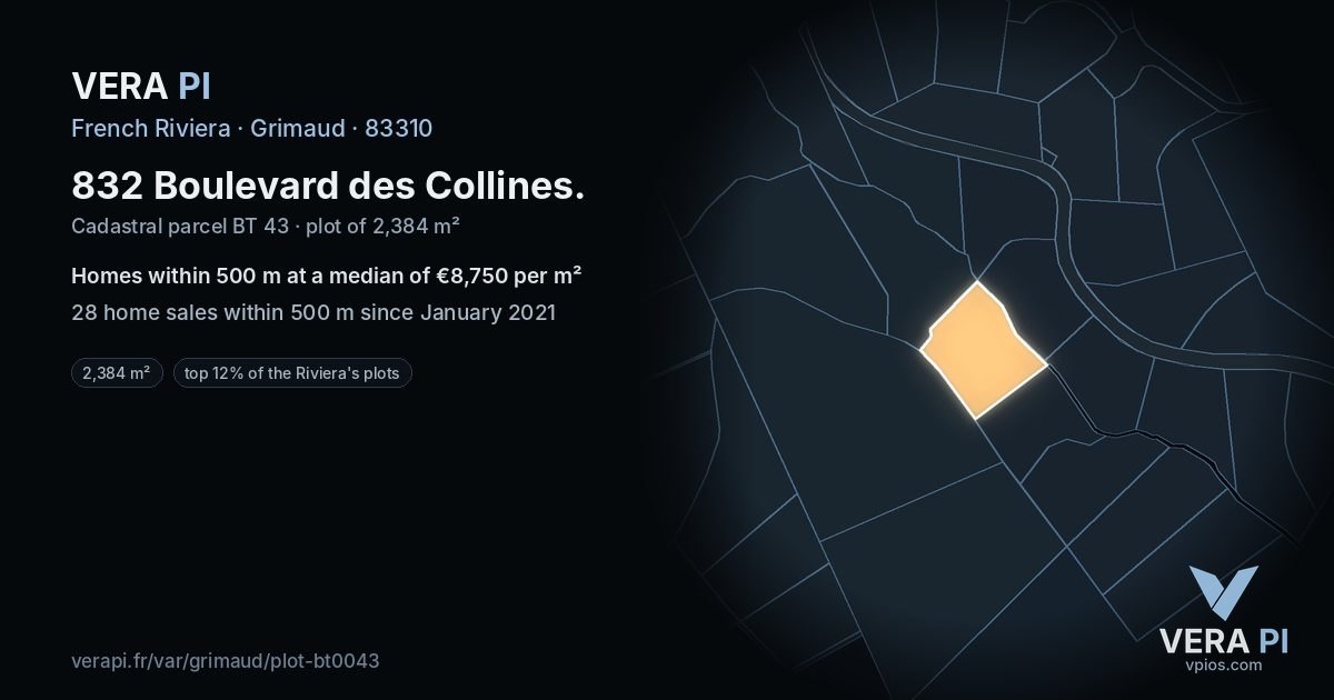 832 Boulevard des Collines, Grimaud at night – the plot lit, the parcels around coloured by the prices near them