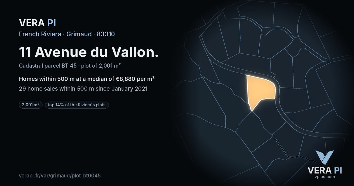 11 Avenue du Vallon, Grimaud at night – the plot lit, the parcels around coloured by the prices near them