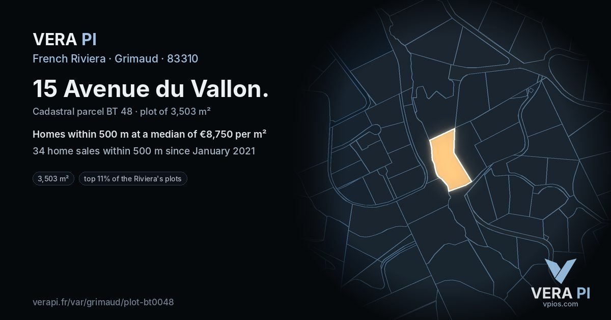 15 Avenue du Vallon, Grimaud at night – the plot lit, the parcels around coloured by the prices near them