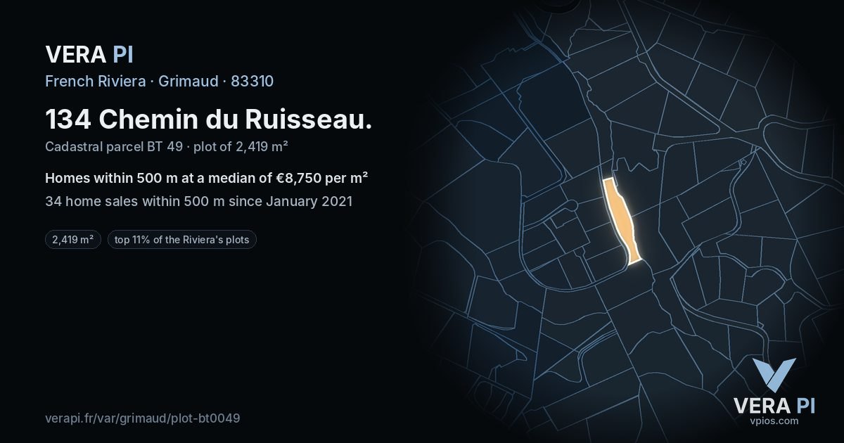 134 Chemin du Ruisseau, Grimaud at night – the plot lit, the parcels around coloured by the prices near them