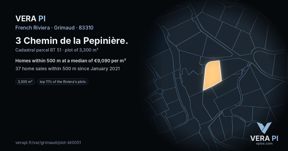 3 Chemin de la Pepinière, Grimaud at night – the plot lit, the parcels around coloured by the prices near them