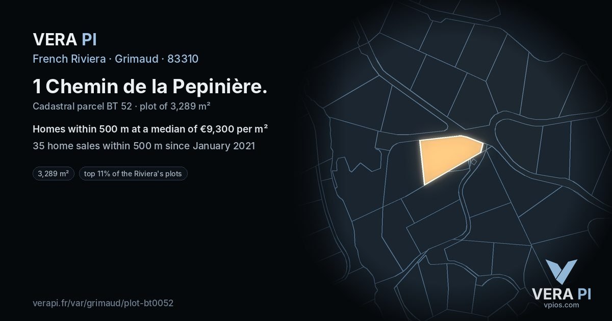 1 Chemin de la Pepinière, Grimaud at night – the plot lit, the parcels around coloured by the prices near them