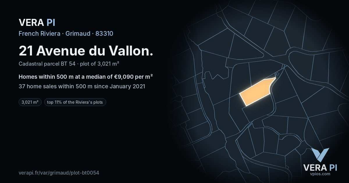21 Avenue du Vallon, Grimaud at night – the plot lit, the parcels around coloured by the prices near them
