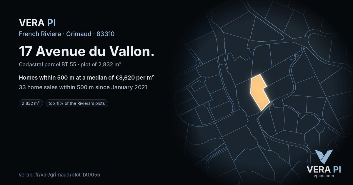 17 Avenue du Vallon, Grimaud at night – the plot lit, the parcels around coloured by the prices near them