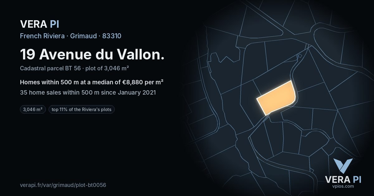 19 Avenue du Vallon, Grimaud at night – the plot lit, the parcels around coloured by the prices near them