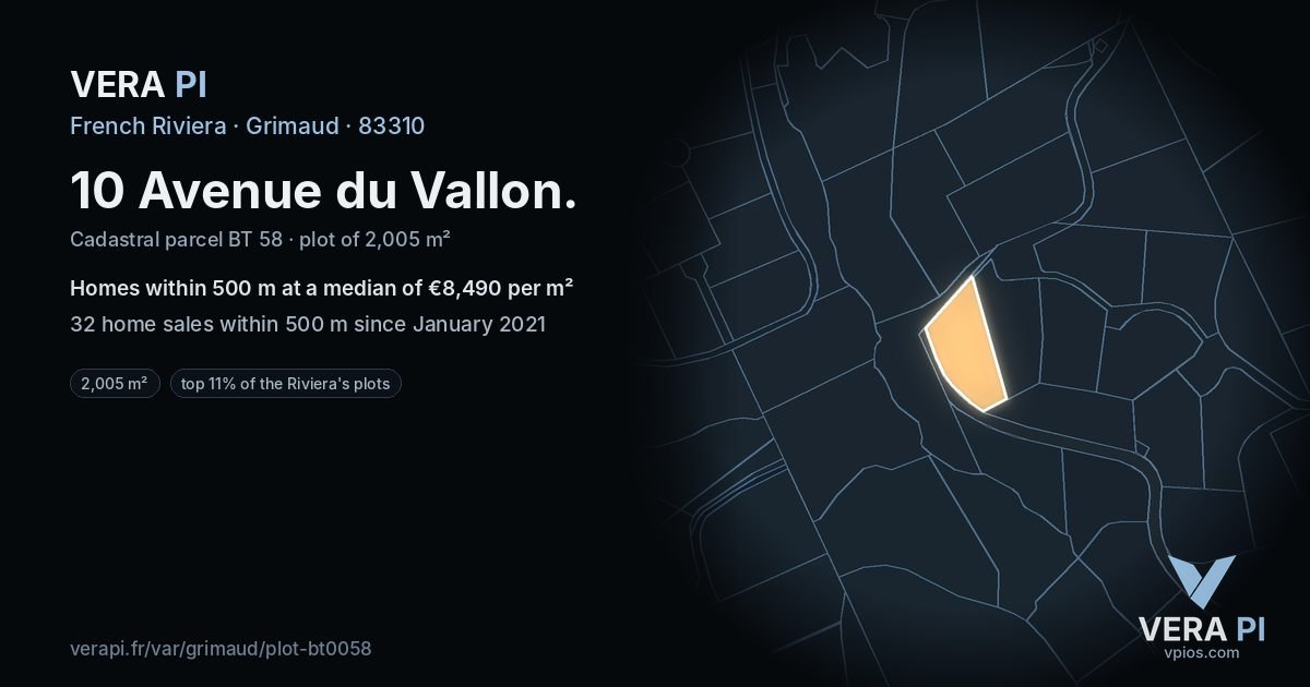 10 Avenue du Vallon, Grimaud at night – the plot lit, the parcels around coloured by the prices near them