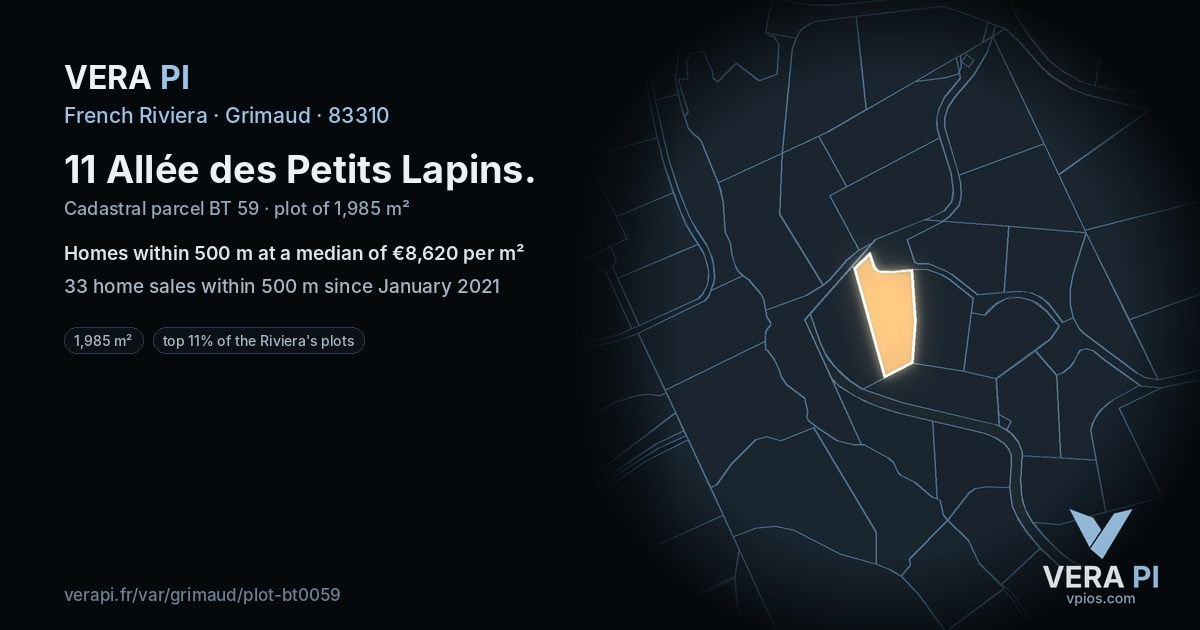 11 Allée des Petits Lapins, Grimaud at night – the plot lit, the parcels around coloured by the prices near them