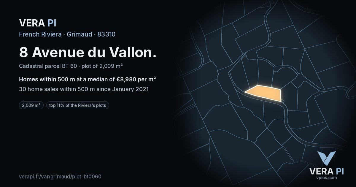 8 Avenue du Vallon, Grimaud at night – the plot lit, the parcels around coloured by the prices near them