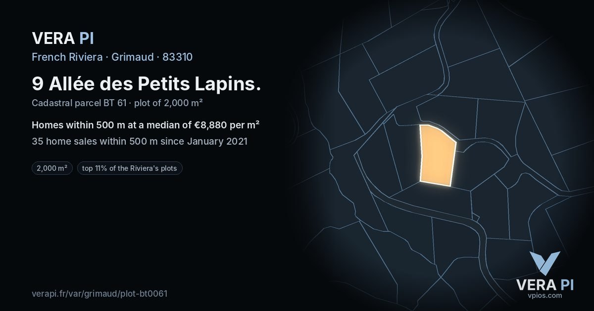 9 Allée des Petits Lapins, Grimaud at night – the plot lit, the parcels around coloured by the prices near them