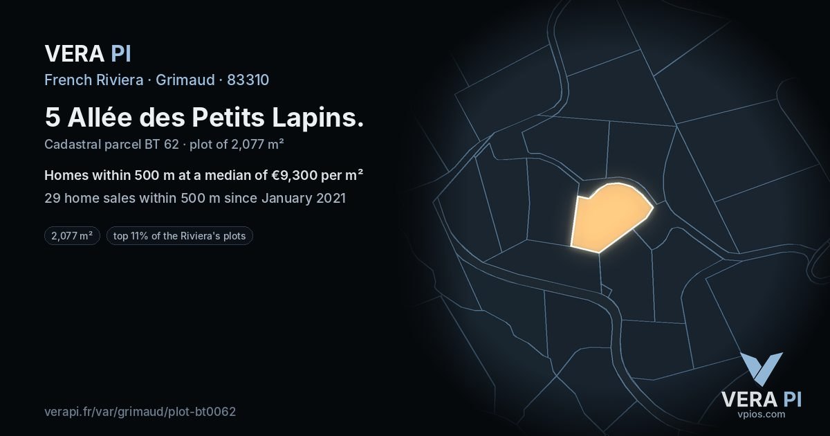 5 Allée des Petits Lapins, Grimaud at night – the plot lit, the parcels around coloured by the prices near them