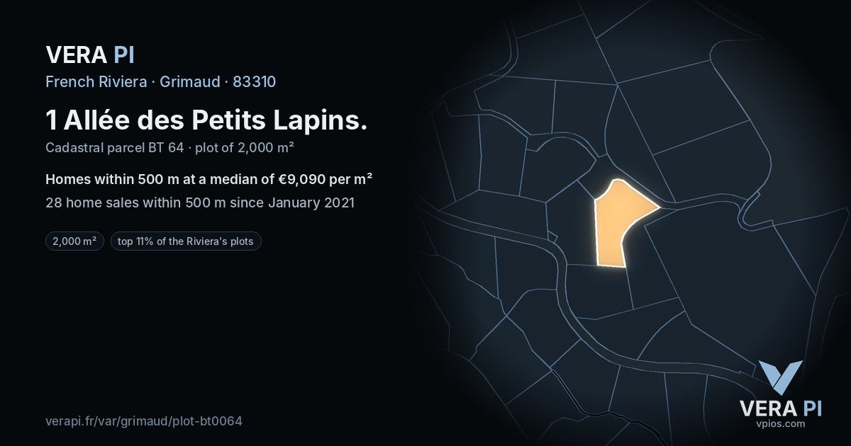 1 Allée des Petits Lapins, Grimaud at night – the plot lit, the parcels around coloured by the prices near them