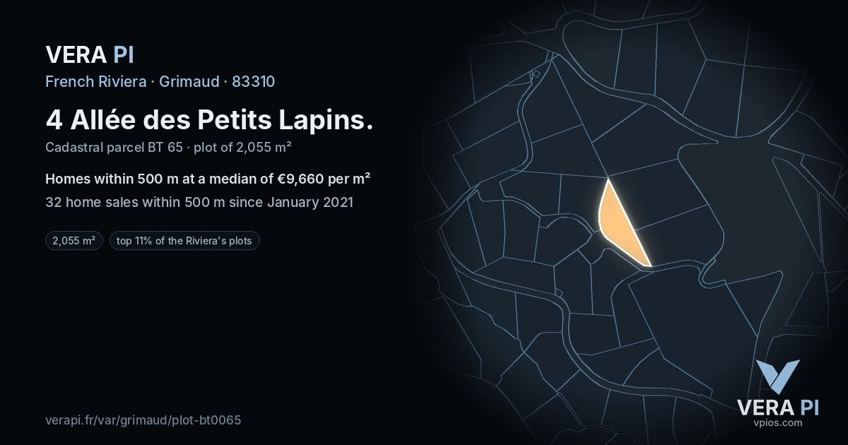 4 Allée des Petits Lapins, Grimaud at night – the plot lit, the parcels around coloured by the prices near them