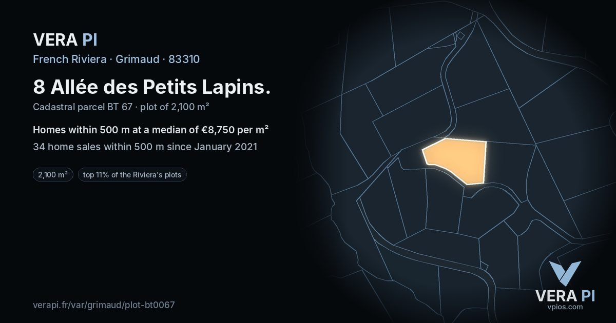 8 Allée des Petits Lapins, Grimaud at night – the plot lit, the parcels around coloured by the prices near them