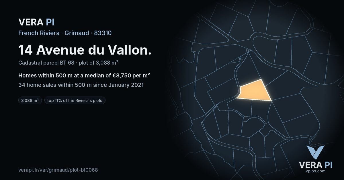 14 Avenue du Vallon, Grimaud at night – the plot lit, the parcels around coloured by the prices near them