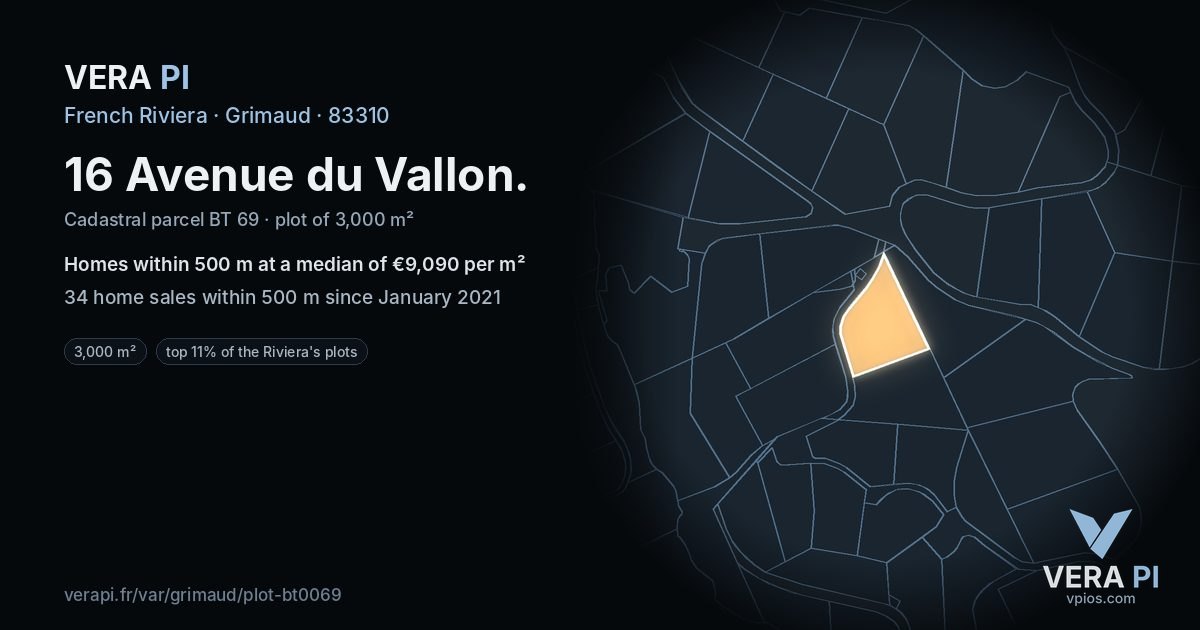 16 Avenue du Vallon, Grimaud at night – the plot lit, the parcels around coloured by the prices near them