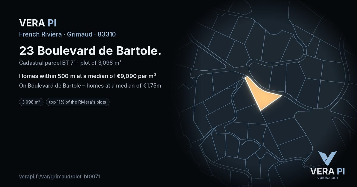 23 Boulevard de Bartole, Grimaud at night – the plot lit, the parcels around coloured by the prices near them