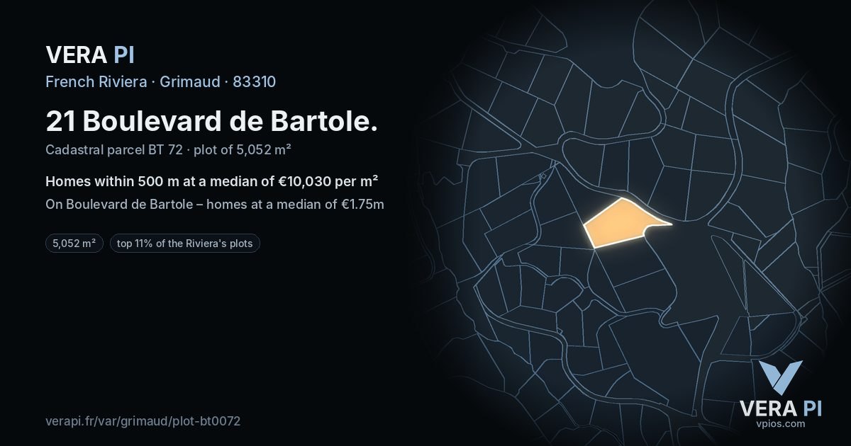 21 Boulevard de Bartole, Grimaud at night – the plot lit, the parcels around coloured by the prices near them