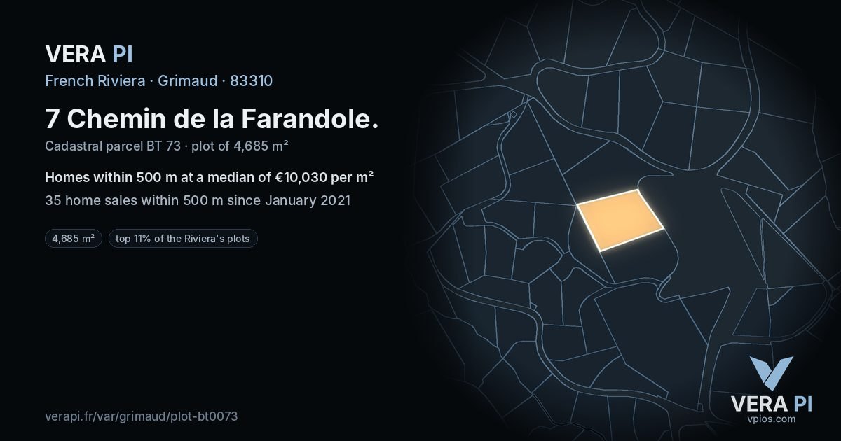 7 Chemin de la Farandole, Grimaud at night – the plot lit, the parcels around coloured by the prices near them