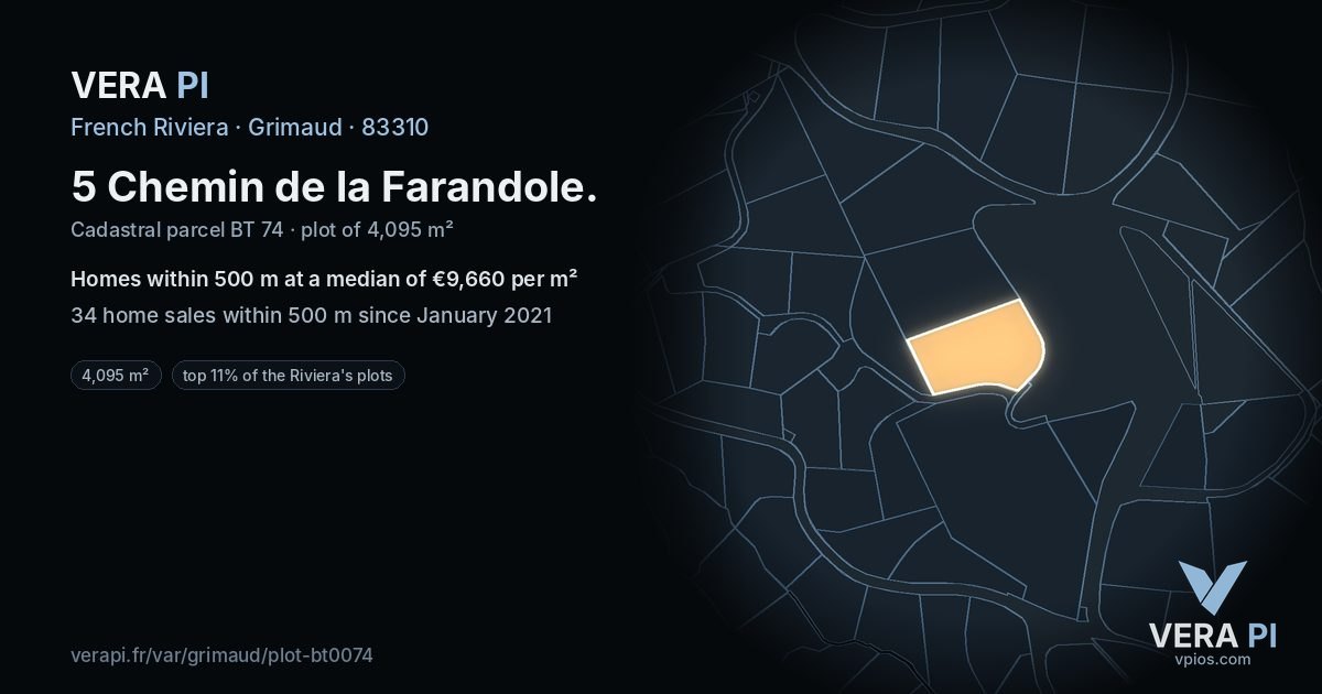 5 Chemin de la Farandole, Grimaud at night – the plot lit, the parcels around coloured by the prices near them
