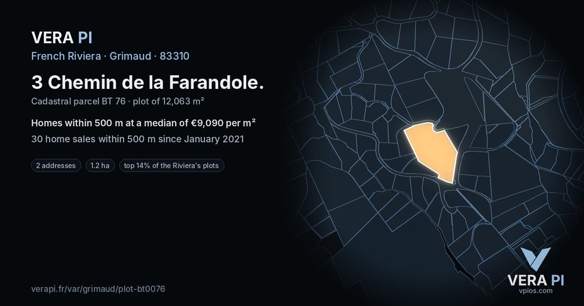 3 Chemin de la Farandole, Grimaud at night – the plot lit, the parcels around coloured by the prices near them