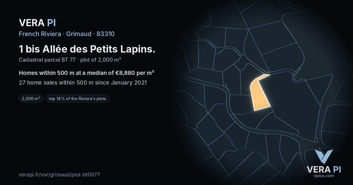 1 bis Allée des Petits Lapins, Grimaud at night – the plot lit, the parcels around coloured by the prices near them