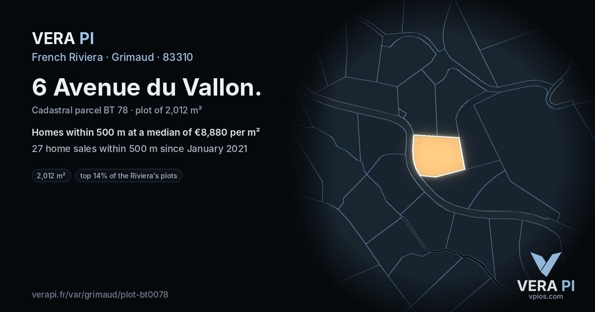 6 Avenue du Vallon, Grimaud at night – the plot lit, the parcels around coloured by the prices near them